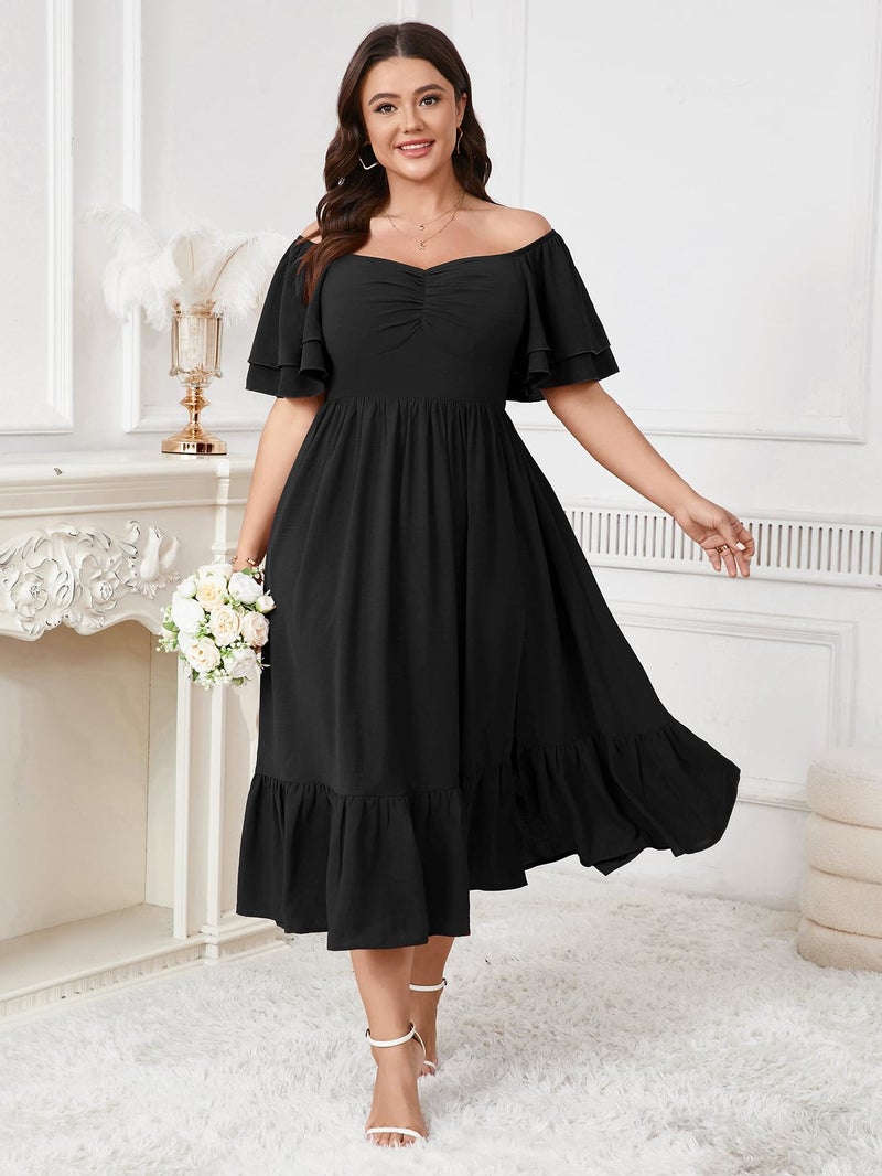 SCOMCHIC Womens Plus Size Wedding Guest Cocktail Dresses Sweetheart Neckline Short Sleeve Smocked Ruffle Slit Maxi Dress Black - Image 5