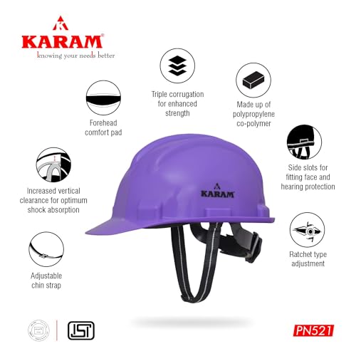 KARAM PN521 Safety Helmet for Men Construction Helmet | Ratchet Type Adjustment with Adjustable Chin Strap | Work Helmet with Side Slot for Attachment | is:2925:1984 Certified | Violet - Image 3