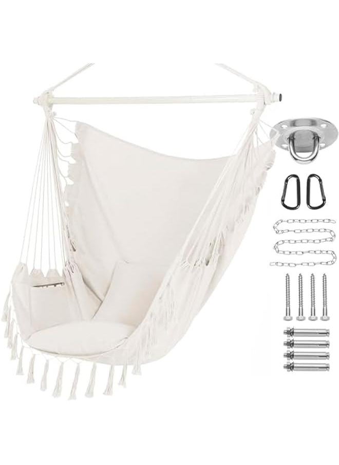 HOOKOR Hanging Hammock Chair with Tassel, Bedroom Swing Chair, Max 500 Lbs, Indoor Outdoor, 2 Cushions Included, Large Fabric Size with Pocket, Steel Spreader Bar, Hardware Kits and Bag (Beige)  - Image 1