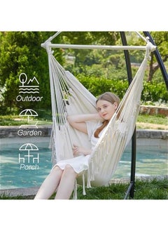 HOOKOR Hanging Hammock Chair with Tassel, Bedroom Swing Chair, Max 500 Lbs, Indoor Outdoor, 2 Cushions Included, Large Fabric Size with Pocket, Steel Spreader Bar, Hardware Kits and Bag (Beige)  - Image 2
