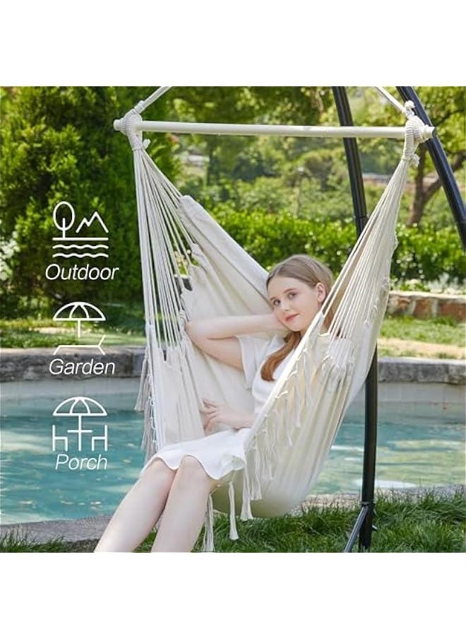 HOOKOR Hanging Hammock Chair with Tassel, Bedroom Swing Chair, Max 500 Lbs, Indoor Outdoor, 2 Cushions Included, Large Fabric Size with Pocket, Steel Spreader Bar, Hardware Kits and Bag (Beige)  - Image 2