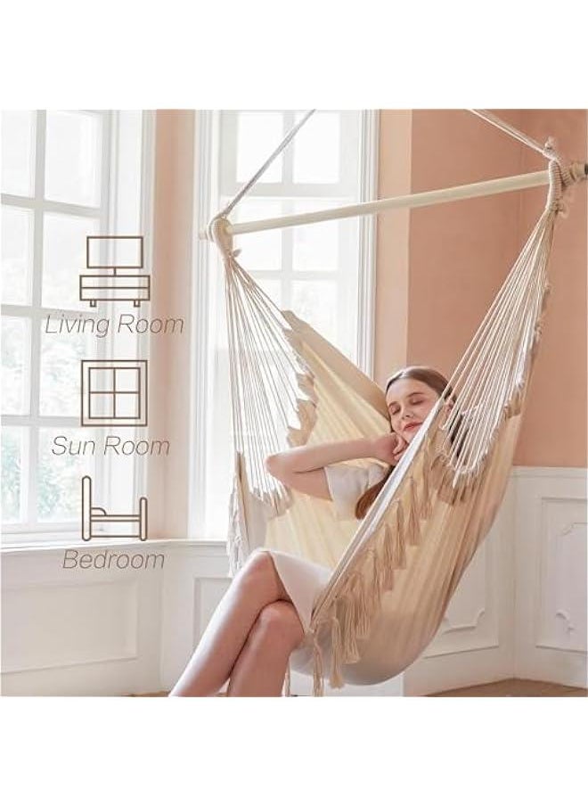 HOOKOR Hanging Hammock Chair with Tassel, Bedroom Swing Chair, Max 500 Lbs, Indoor Outdoor, 2 Cushions Included, Large Fabric Size with Pocket, Steel Spreader Bar, Hardware Kits and Bag (Beige)  - Image 3