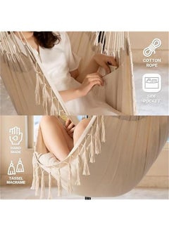 HOOKOR Hanging Hammock Chair with Tassel, Bedroom Swing Chair, Max 500 Lbs, Indoor Outdoor, 2 Cushions Included, Large Fabric Size with Pocket, Steel Spreader Bar, Hardware Kits and Bag (Beige)  - Image 4