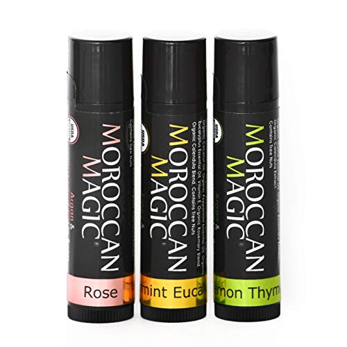 Moroccan Magic Organic Lip Balm Variety 3 Pack | Rose, Peppermint Eucalyptus, Lemon Thyme | Ultra Hydrating Argan and Essential Oils | Smooth Application | Non-Toxic Cruelty Free | Natural Gift Set - Image 1