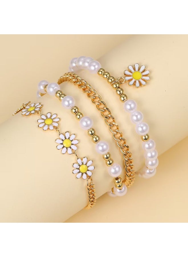 JUMEI 4-Piece Daisy Flower Bracelet, Pearl Beaded Flower Bracelet, Multilayer Bracelet Set Flower Bracelet Women Jewelry - Image 1