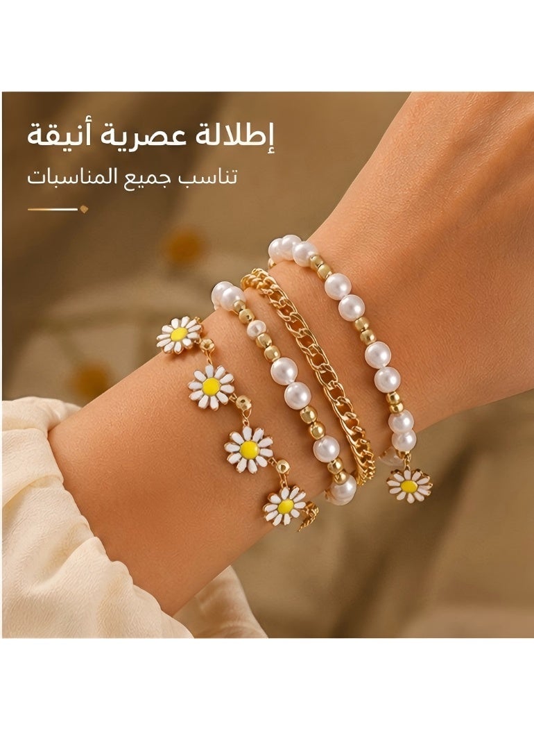 JUMEI 4-Piece Daisy Flower Bracelet, Pearl Beaded Flower Bracelet, Multilayer Bracelet Set Flower Bracelet Women Jewelry - Image 3