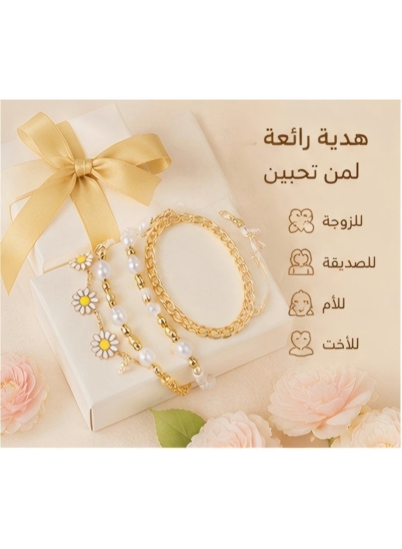 JUMEI 4-Piece Daisy Flower Bracelet, Pearl Beaded Flower Bracelet, Multilayer Bracelet Set Flower Bracelet Women Jewelry - Image 5