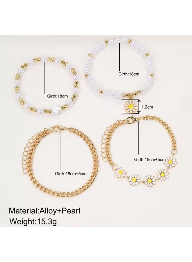 JUMEI 4-Piece Daisy Flower Bracelet, Pearl Beaded Flower Bracelet, Multilayer Bracelet Set Flower Bracelet Women Jewelry - Image 2