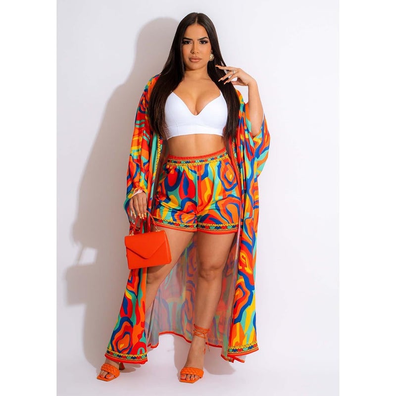QegarTop Plus Size Outfits Vacation Sheer Kimono and Shorts Set for Women Flowy Cardigan Dusters Orange 2xl - Image 3