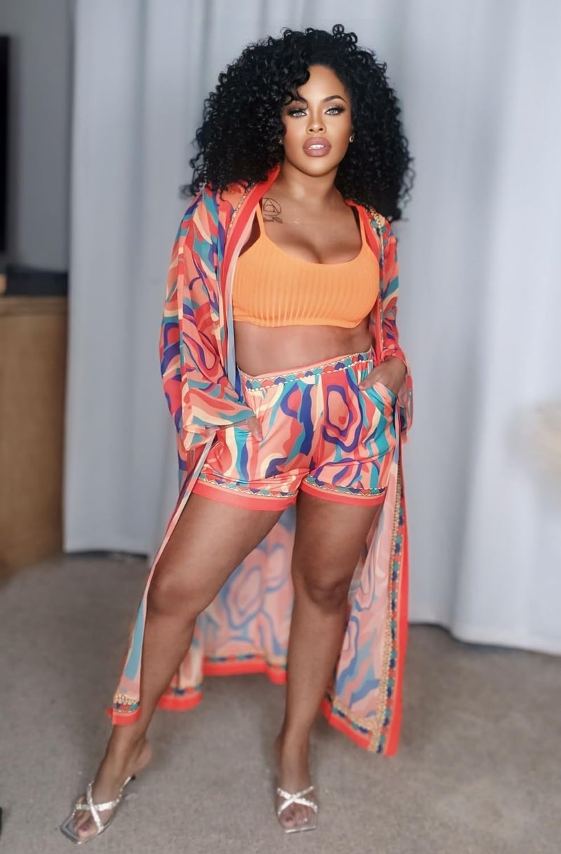 QegarTop Plus Size Outfits Vacation Sheer Kimono and Shorts Set for Women Flowy Cardigan Dusters Orange 2xl - Image 2