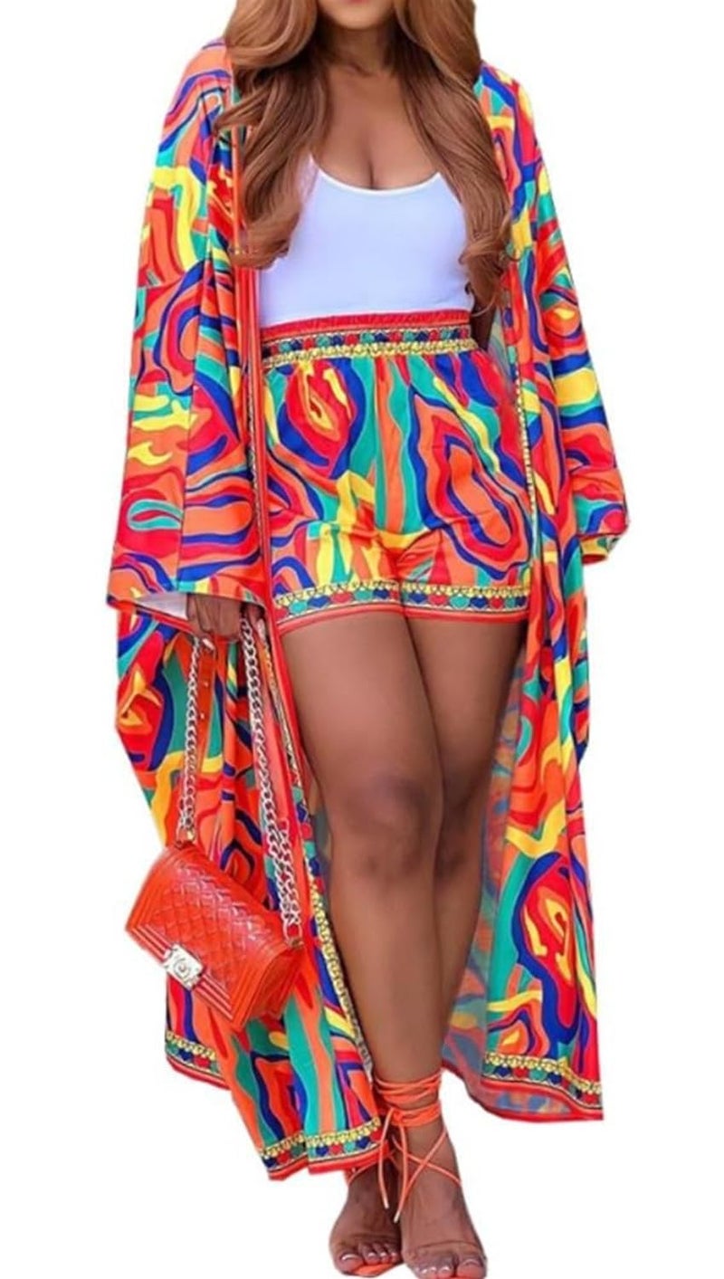 QegarTop Plus Size Outfits Vacation Sheer Kimono and Shorts Set for Women Flowy Cardigan Dusters Orange 2xl - Image 1