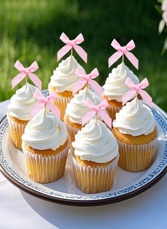 Solldgt 48Pcs Pink Bow Cupcake Toppers, Pink Bow Cake Topper Birthday Decorations, Mini Bowknot Cupcake Picks for Coquette Theme Party Decoration Bachelorette Bridal Engagement Wedding Baby Shower Party Decor - Image 1