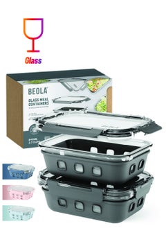 BEOLA BEOLA Set of 2 Glass Food Storage Containers with Airtight Lids and Silicone Protection, Leakproof Food Organizer, Freezer, Dishwasher, Microwave Safe Kitchen Organizer for Food (640ml, Lava Gray)  - Image 1