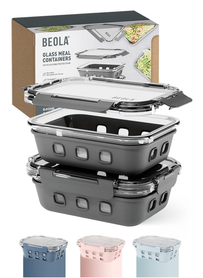 BEOLA BEOLA Set of 2 Glass Food Storage Containers with Airtight Lids and Silicone Protection, Leakproof Food Organizer, Freezer, Dishwasher, Microwave Safe Kitchen Organizer for Food (640ml, Lava Gray)  - Image 1
