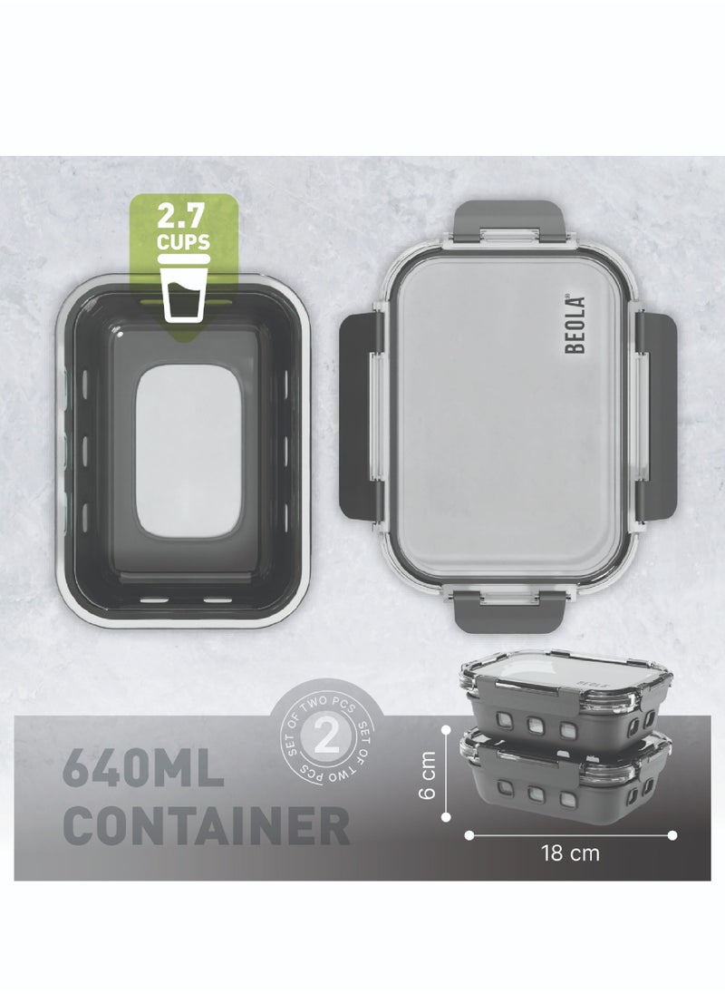 BEOLA BEOLA Set of 2 Glass Food Storage Containers with Airtight Lids and Silicone Protection, Leakproof Food Organizer, Freezer, Dishwasher, Microwave Safe Kitchen Organizer for Food (640ml, Lava Gray)  - Image 3