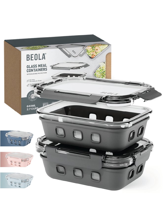 BEOLA BEOLA Set of 2 Glass Food Storage Containers with Airtight Lids and Silicone Protection, Leakproof Food Organizer, Freezer, Dishwasher, Microwave Safe Kitchen Organizer for Food (640ml, Lava Gray) 