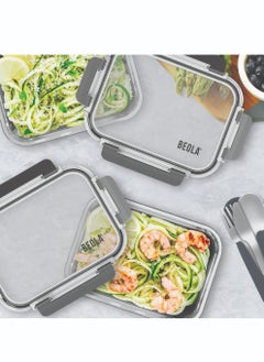 BEOLA BEOLA Set of 2 Glass Food Storage Containers with Airtight Lids and Silicone Protection, Leakproof Food Organizer, Freezer, Dishwasher, Microwave Safe Kitchen Organizer for Food (640ml, Lava Gray)  - Image 4