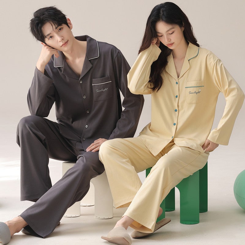 Couple Pajamas Spring & Fall Pure Cotton Long-Sleeved Cardigan Lapel Simple Fashion Casual Korean Large Size Home Wear Set - Image 5