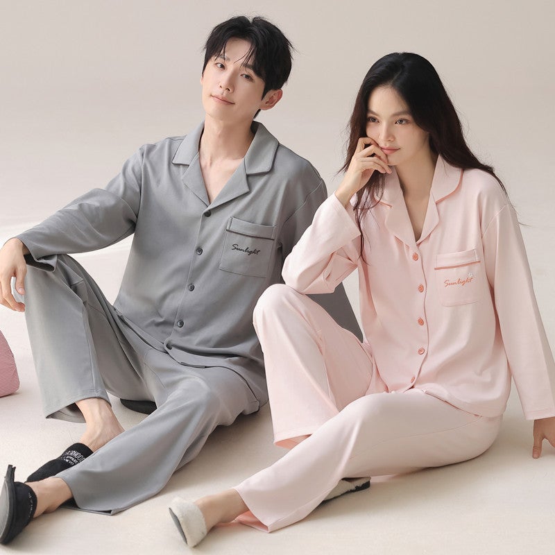 Couple Pajamas Spring & Fall Pure Cotton Long-Sleeved Cardigan Lapel Simple Fashion Casual Korean Large Size Home Wear Set - Image 2