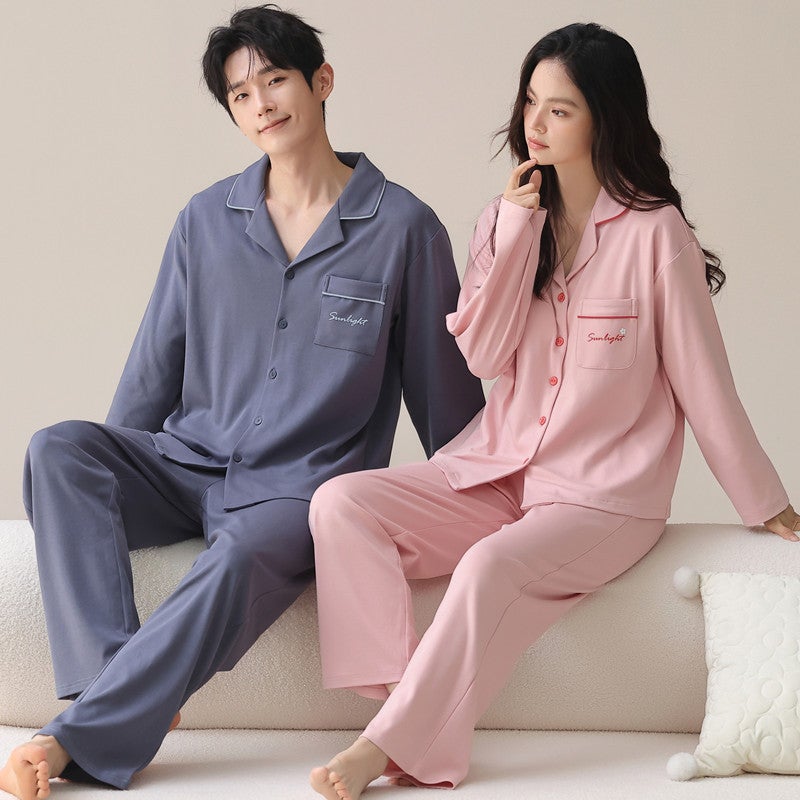 Couple Pajamas Spring & Fall Pure Cotton Long-Sleeved Cardigan Lapel Simple Fashion Casual Korean Large Size Home Wear Set - Image 4