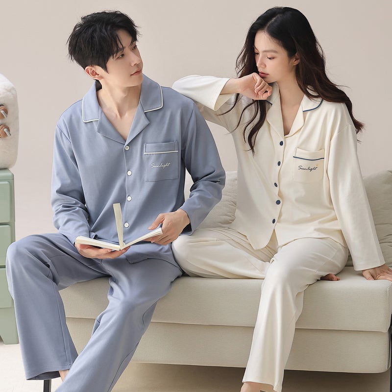 Couple Pajamas Spring & Fall Pure Cotton Long-Sleeved Cardigan Lapel Simple Fashion Casual Korean Large Size Home Wear Set - Image 3