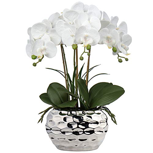 Briful Orchids Artificial Flowers 18" White Phalaenopsis Large Orchid with Silver Ceramic Pots Silk Faux Orchid Arrangement for Home Office Bathroom Living Room Table Decoration - Image 1