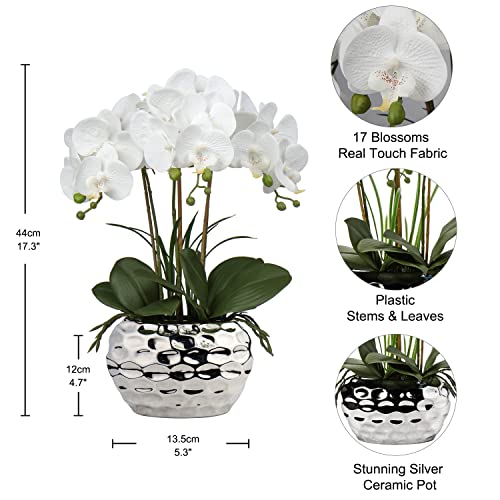 Briful Orchids Artificial Flowers 18" White Phalaenopsis Large Orchid with Silver Ceramic Pots Silk Faux Orchid Arrangement for Home Office Bathroom Living Room Table Decoration - Image 2