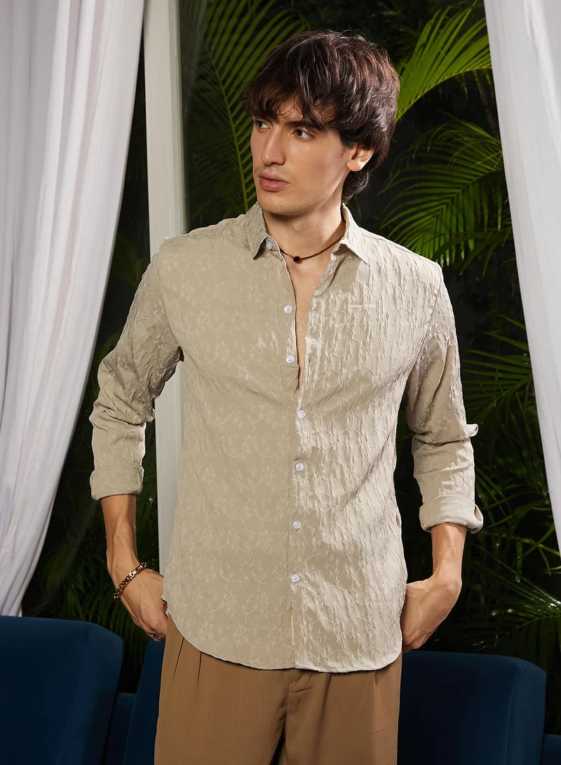 Campus Sutra Men's Khaki Beige Floral-Textured Shirt