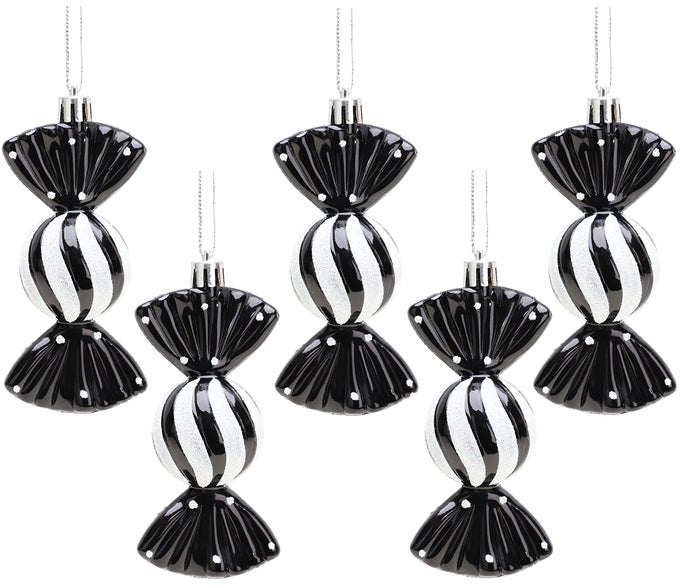 PACK OF 5110MM LARGE SWEET SHAPED BAUBLES SHINY GLITTER DECORATED CHRISTMAS BAUBLES BLACK