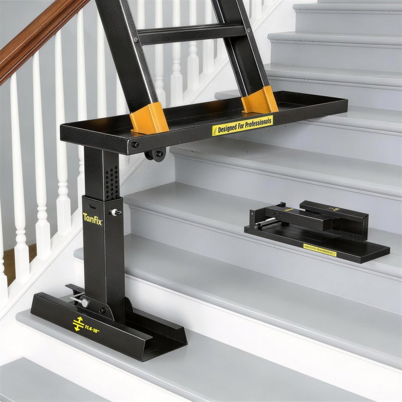 Tanfix Foldable | Heavy-Duty Ladder Extender Pro, High Strength Steel Material Design Ladder Extension Pro for Stairs w/Non-Slip Mat, 11.4-18" Adjustable Height, Applicable Ladder Feet Spacing 25" - Image 1