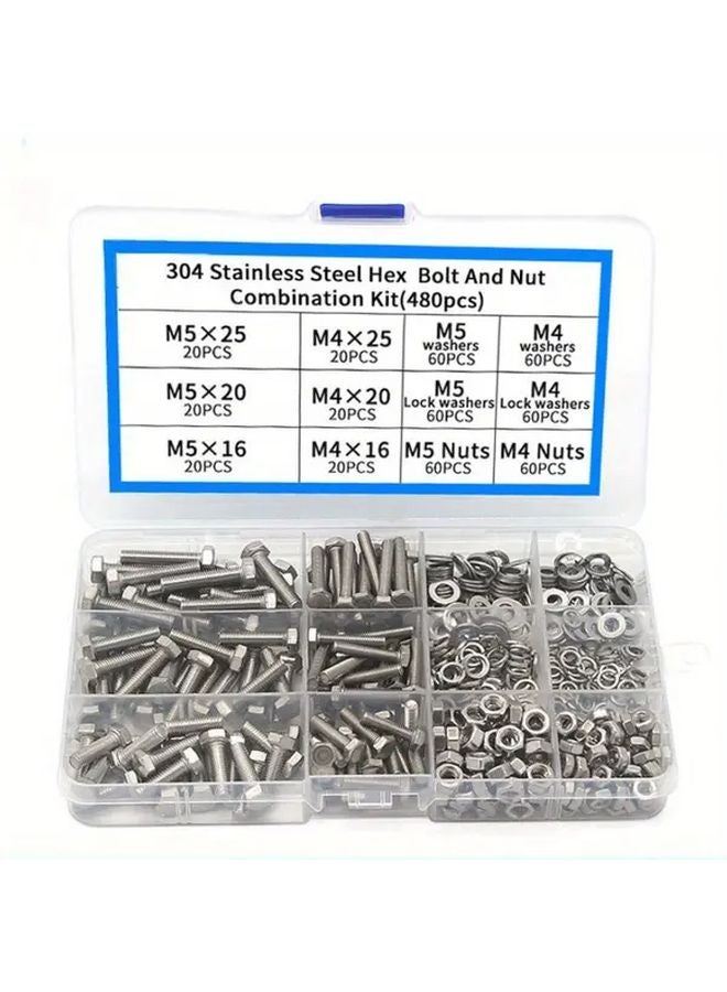 480 قطعة مجموعة متنوعة من صواميل M4 و M5 ومسامير برأس سداسي وصواميل وغسالات من الفولاذ المقاوم للصدأ - Image 2