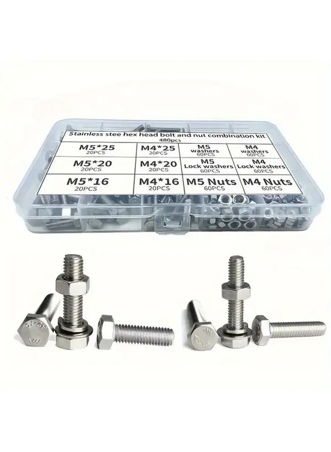 480 قطعة مجموعة متنوعة من صواميل M4 و M5 ومسامير برأس سداسي وصواميل وغسالات من الفولاذ المقاوم للصدأ - Image 4