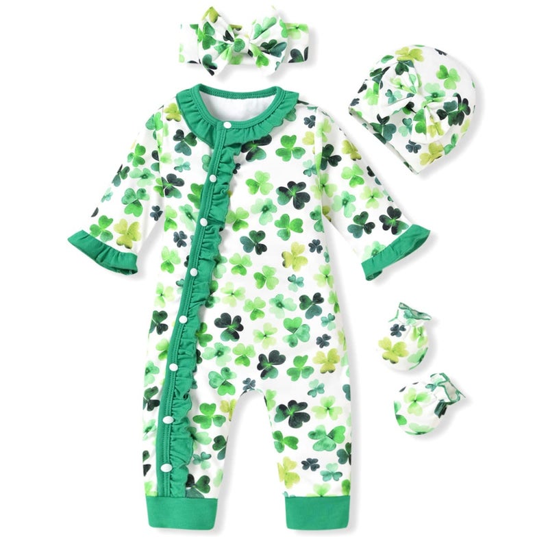 Aalizzwell Newborn Baby Girls St. Patrickâ€™s Day Romper Infant Shamrock Spring Winter Clothes Coming Home Outfit NB Clothing Clover - Image 1