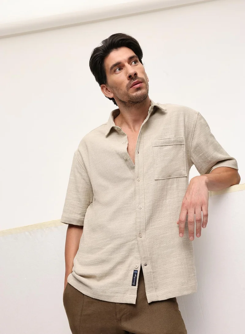 Dennis Lingo Oatmeal Striped Button Down Boxy Shirt For Men