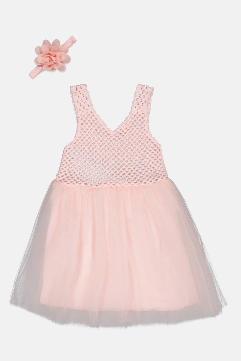 English Laundry Kids Girl 2 Pieces Crochet Dress And Headband Set, Pink - Image 2