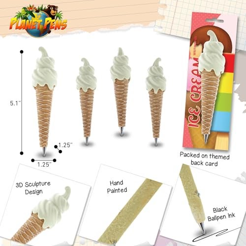 Planet Pens Vanilla Ice Cream Cone Cold Sweet Desserts Resin Writing Ballpoint Pen Unique Black Inked Cute Writing Tool Collection 5 Inch Foodies Novelty Party Giveaways - Image 3
