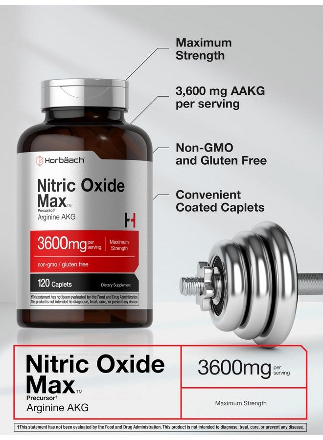 Horbäach Nitric Oxide Max 3600mg | 120 Caplets | with Arginine AAKG for Men and Women | Vegetarian, Non-GMO, & Gluten Free Pre Workout Supplement - Image 3
