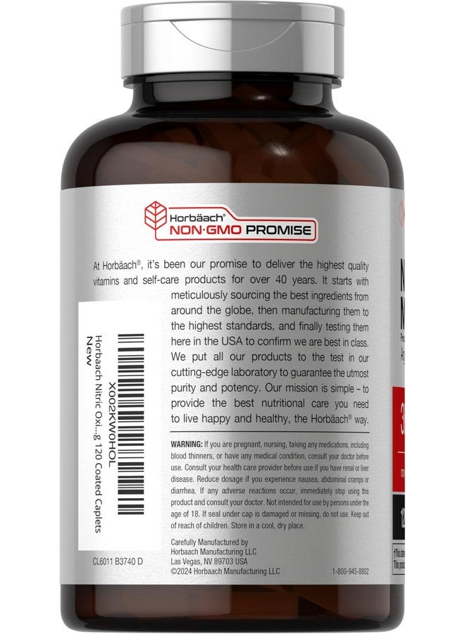 Horbäach Nitric Oxide Max 3600mg | 120 Caplets | with Arginine AAKG for Men and Women | Vegetarian, Non-GMO, & Gluten Free Pre Workout Supplement - Image 2