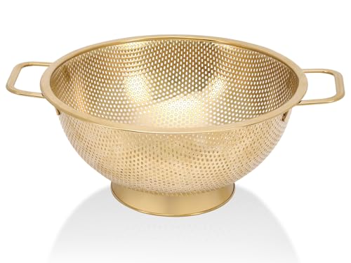 Kteniy Gold Strainer for Kitchen 3QT Stainless Steel Colander with Handle for Fruits Vegetables Cooking Food Dishwasher Safe - Image 1