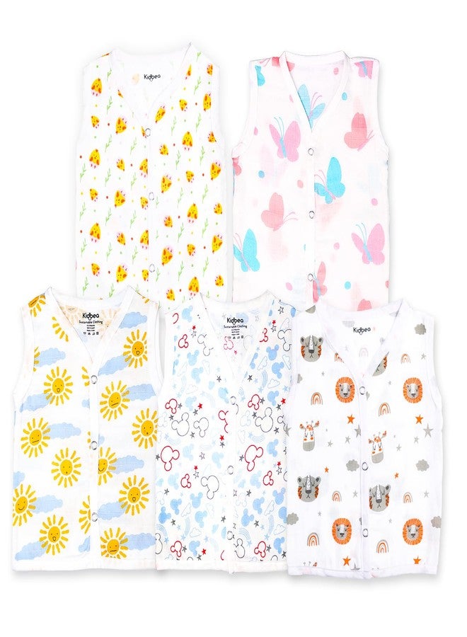 Kidbea 100% Organic Cotton Muslin Jabla with Button | White Jhabla | for Baby Boys | Summer Wear Jabala | Comfortable Baby Products | Sleeveless Vest | Assorted Pack of 5 with Colors & Size 0-3M - Image 1