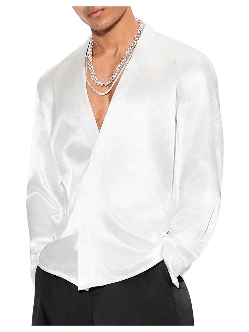 Floerns Men's Wedding Long Sleeve V Neck Shirts Shiny Satin Prom Party Club Shirts White Large - Image 1