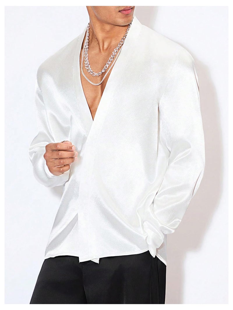 Floerns Men's Wedding Long Sleeve V Neck Shirts Shiny Satin Prom Party Club Shirts White Large - Image 4
