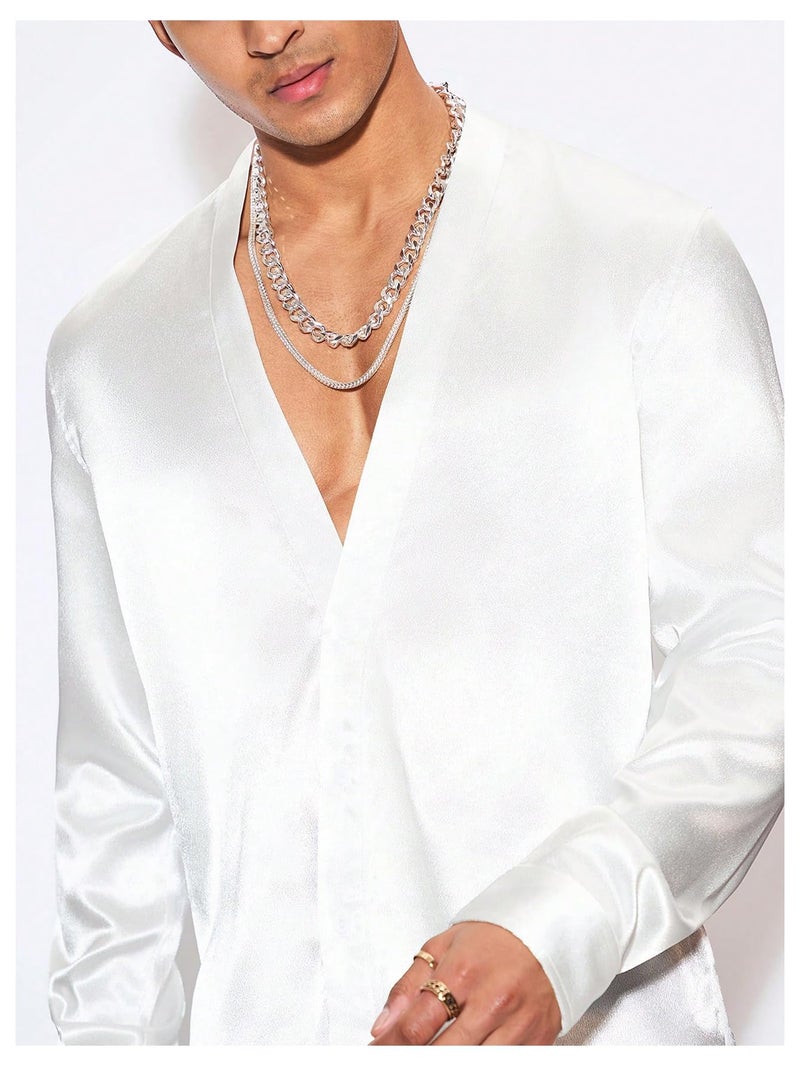 Floerns Men's Wedding Long Sleeve V Neck Shirts Shiny Satin Prom Party Club Shirts White Large - Image 3