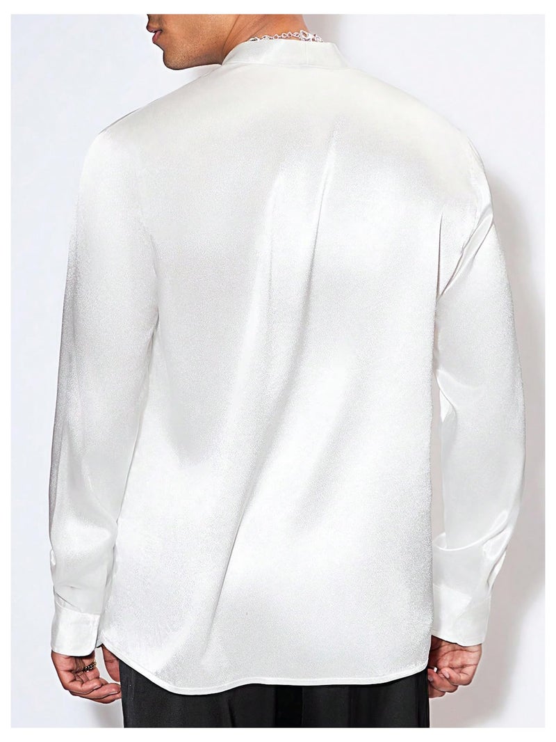 Floerns Men's Wedding Long Sleeve V Neck Shirts Shiny Satin Prom Party Club Shirts White Large - Image 2