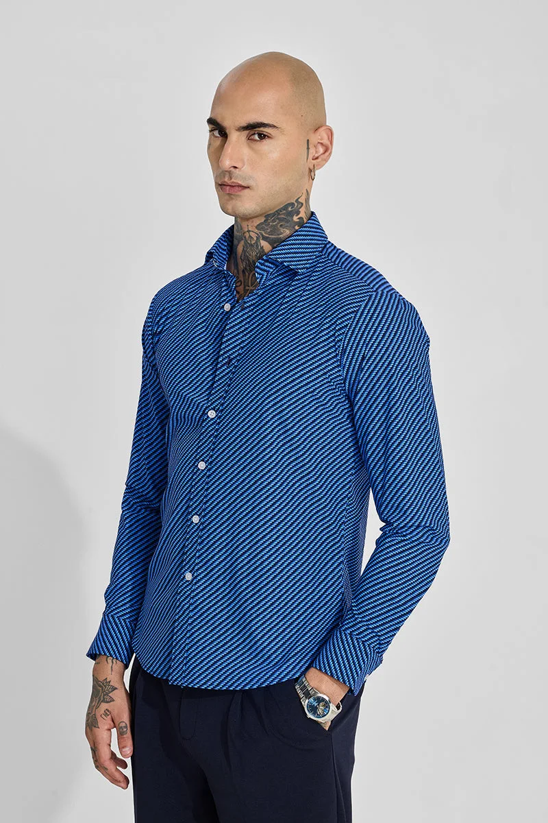 SNITCH Blue Geometric Long Sleeve Slim Fit Shirt