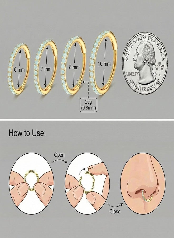 MJust Opal Nose Hoops for Women Men - 316L Surgical Steel Hinged Nose Rings 20G Clicker Septum Nose Ring Lip Helix Cartilage Hoop Earring Daith Rook Conch Body Piercing Jewelry 6MM 7MM 8MM 10MM - Image 3