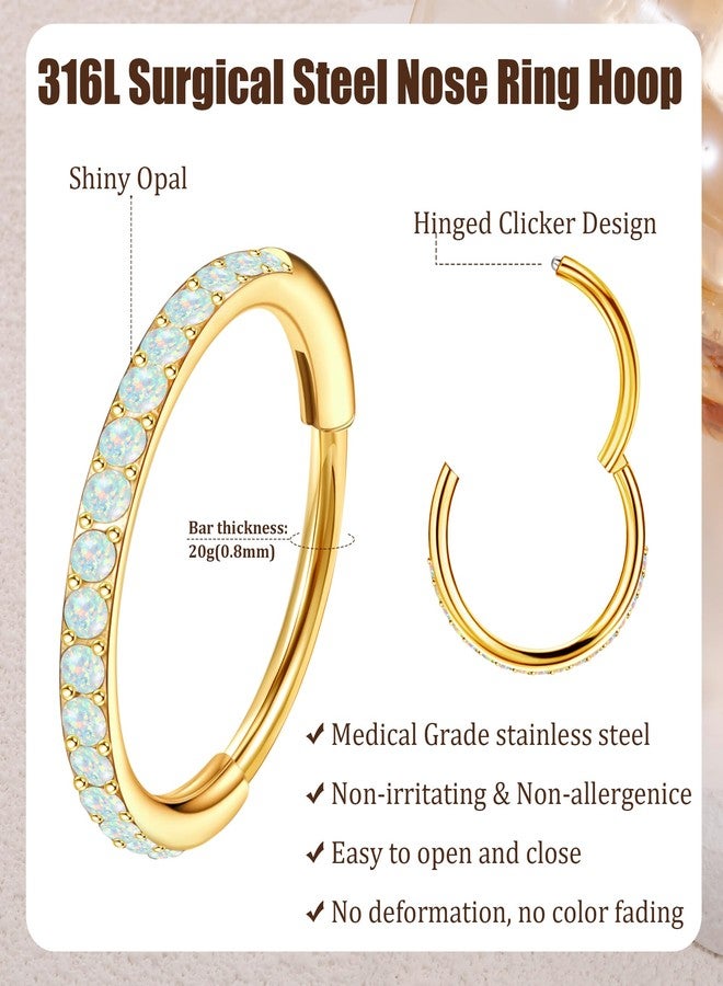 MJust Opal Nose Hoops for Women Men - 316L Surgical Steel Hinged Nose Rings 20G Clicker Septum Nose Ring Lip Helix Cartilage Hoop Earring Daith Rook Conch Body Piercing Jewelry 6MM 7MM 8MM 10MM - Image 2