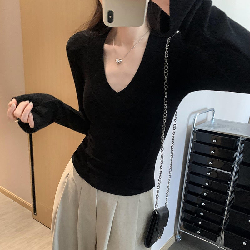 Single Royal Elder Sister All Kinds Of Style Girl Slim With Shoulder Pad V Collar Base Shirt Women'S Foreign Style T-Shirt - Image 2