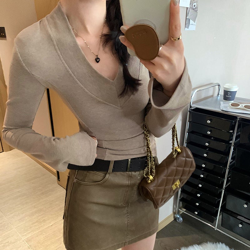 Single Royal Elder Sister All Kinds Of Style Girl Slim With Shoulder Pad V Collar Base Shirt Women'S Foreign Style T-Shirt - Image 3