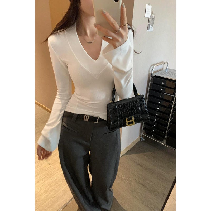 Single Royal Elder Sister All Kinds Of Style Girl Slim With Shoulder Pad V Collar Base Shirt Women'S Foreign Style T-Shirt - Image 4